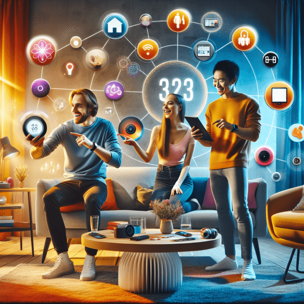 A Caucasian male, a Hispanic female, and an Asian male are gathered in a vibrant, modern living room filled with colorful decor. They are joyfully interacting with various high-tech gadgets. The Caucasian male is excitedly demonstrating a smart home device, while the Hispanic female is smiling and pointing at a health tracker on her wrist. The Asian male is engaged with a large screen displaying entertainment options, looking intrigued. The room is bright and inviting, with sleek furniture and innovative technology seamlessly integrated into the space, reflecting a sense of comfort and modernity.